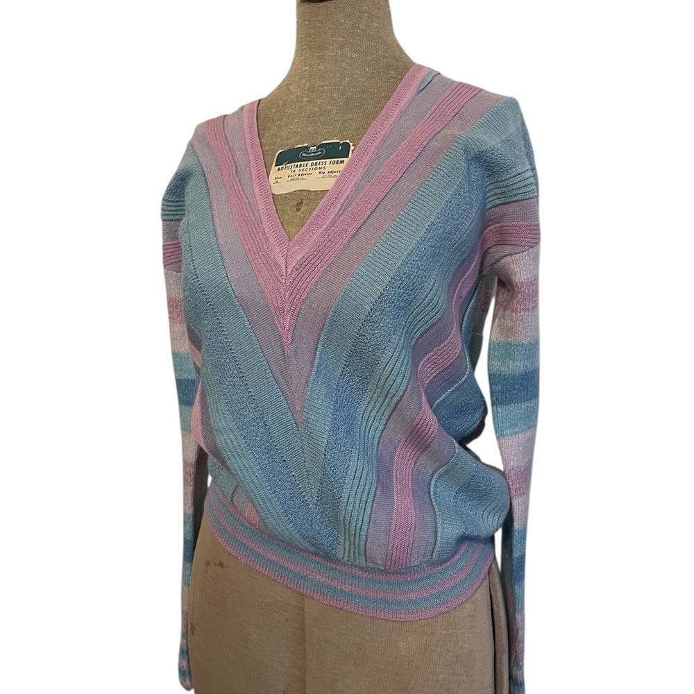 Tularose Kinsley Striped V-Neck Sweater Pink Blue - Picture 15 of 15